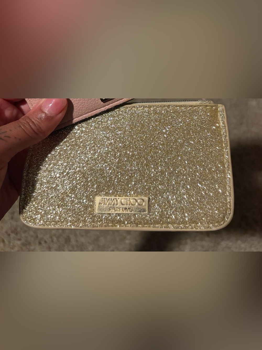 Jimmy Choo Gold Glitter Wallet/Coin Purse with Pink Trim